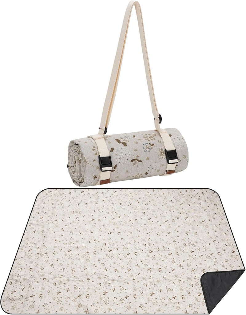 WILLOW WEAVE Large Picnic Blanket, Beach Mat Sand Free Washable, Waterproof Camping Emergency Blankets, Picnic Baskets Accessories with Waterproof Backing and Shoulder Strap - WhiteKapok - Image 1